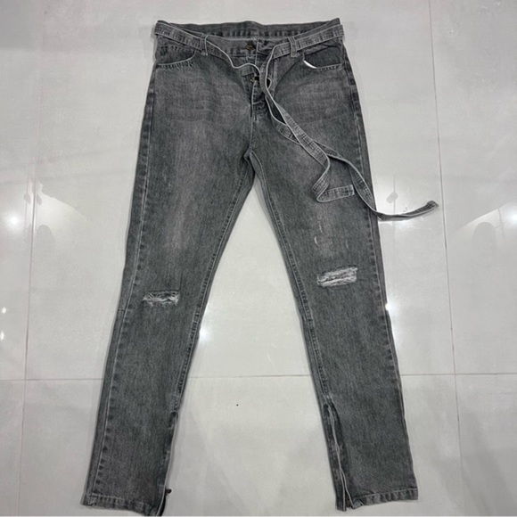 Fear of God - Slim-Fit Belted Distressed Selvedge Denim Jeans - Gray - Picture 5 of 14